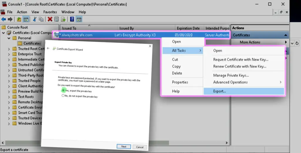 How to extract the private key, public key and CA cert from PFX